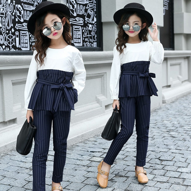 2022 Autumn Spring School Kids Striped Outfits Top Shirts &amp; Pants Suits Girl Clothing Sets Patchwork Teen Clothes For Girls Set