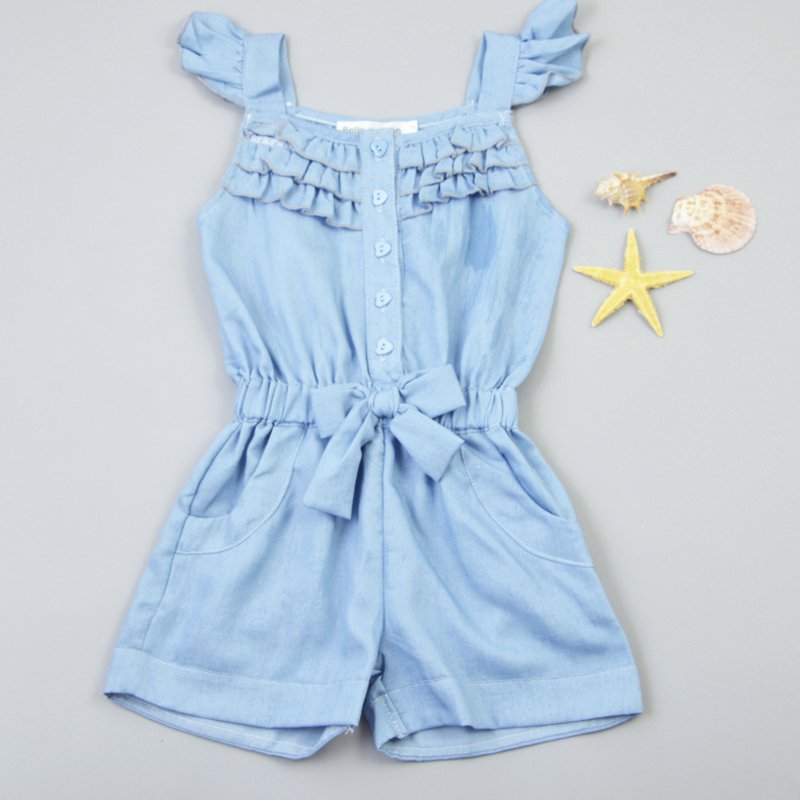 Kids Girls Clothing Rompers Denim Blue Cotton Washed Jeans Sleeveless Bow Jumpsuits 0-5Year New