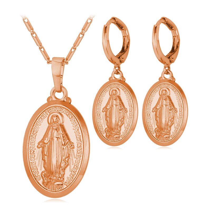 U7 Virgin Mary Jewelry Set Women Bride Wedding Platinum/Rose Gold / Gold Miraculous Medal Necklace &amp; Earrings Sets  S619