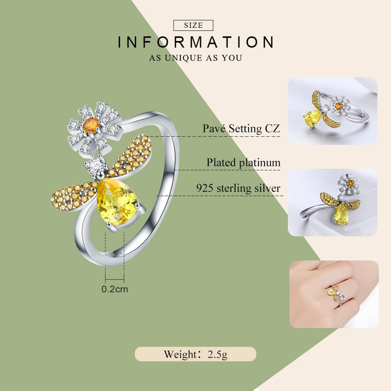 BAMOER 100% Authentic 925 Sterling Silver Fashion Bee with Daisy Flower Open Size Finger Ring for Women Party Jewelry SCR348