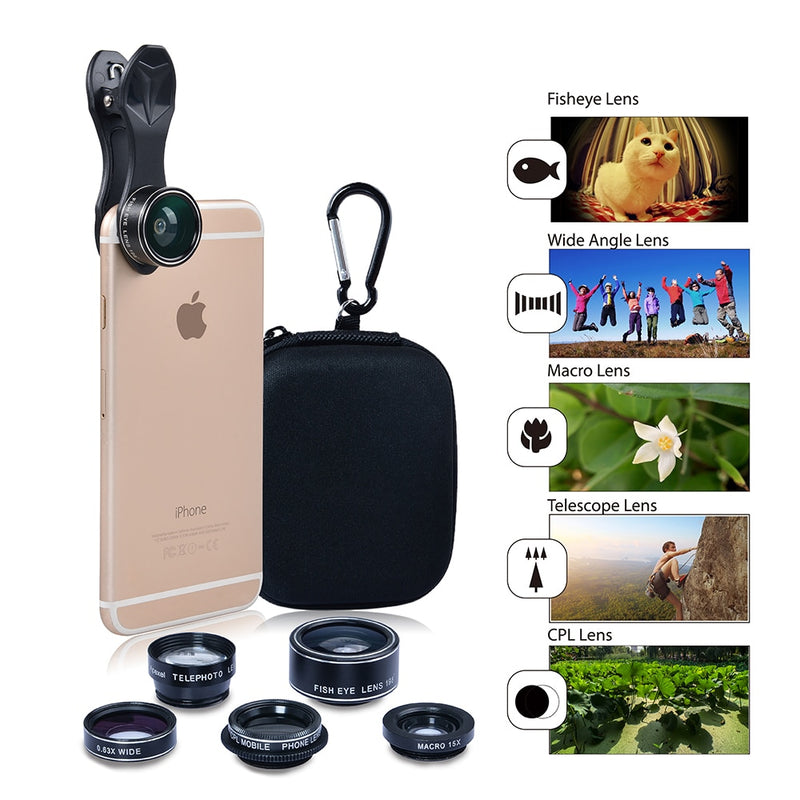 Kit de lente de cámara APEXEL 5 en 1 para iPhone xiaomi HTC HUAWEI Samsung Galaxy S7/j5 Edge S6/S6 Edge y otros teléfonos inteligentes Android