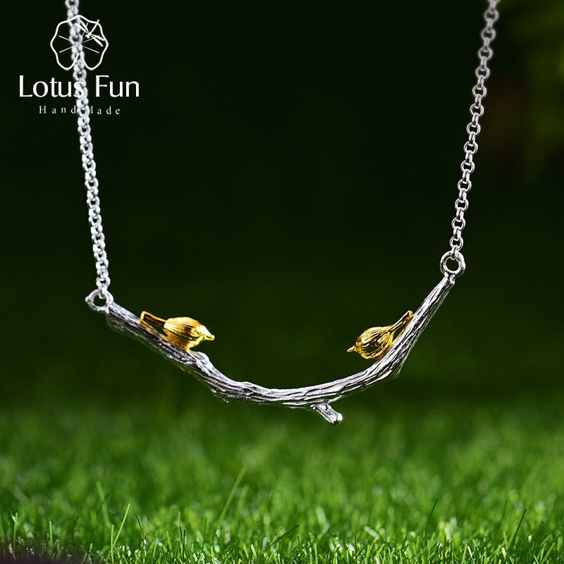 Lotus Fun Plata de Ley 925 auténtica, joyería fina hecha a mano Original Natural, collar de pájaro en rama de oro de 18 quilates para mujer, bisutería de regalo