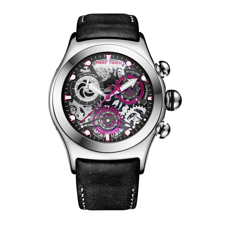 Reef Tiger/RT Relojes deportivos para hombre con cronógrafo Esqueleto Dial Fecha Tres contadores Reloj de acero RGA792