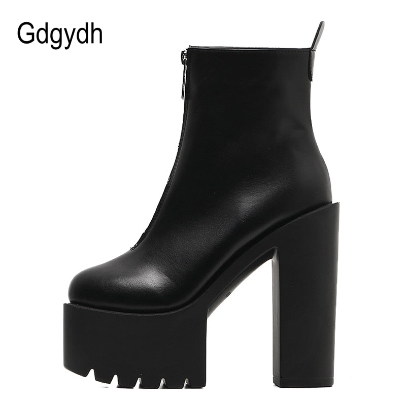 Gdgydh 2022 Fashion Autumn Women Ankle Boots Leather Black Female High Heels Shoes Ultra High Platform Heels Round Toe Lady Shoe