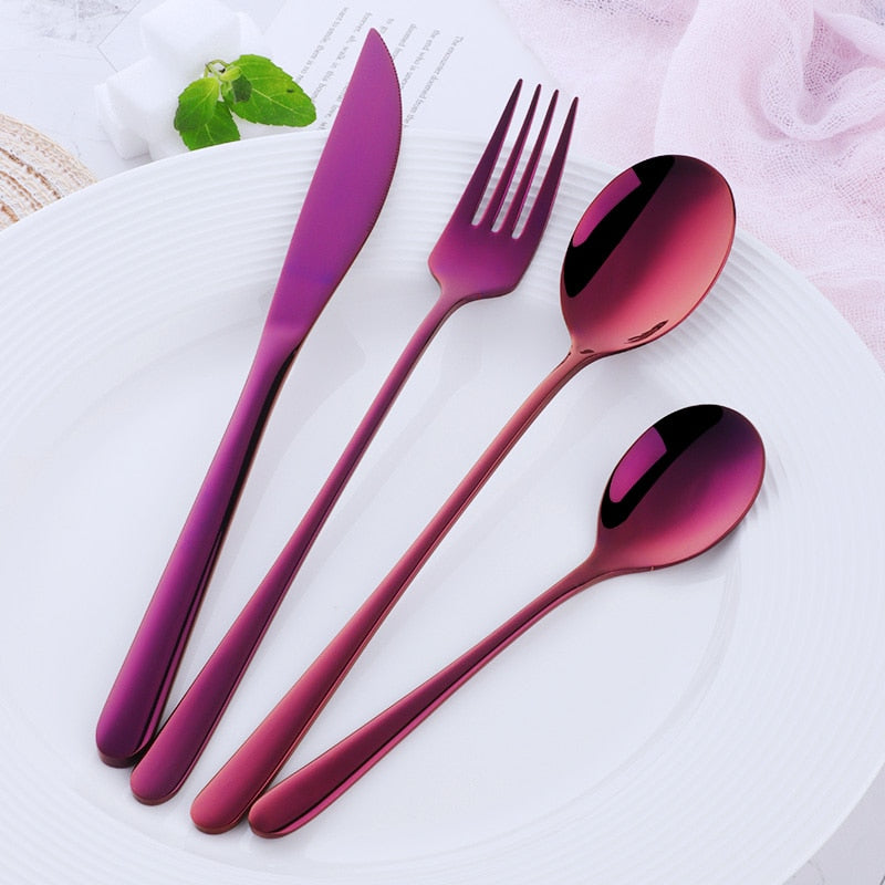 Hot Sale 4 Pcs/Set Tableware Set Stainless Steel Cutlery Long Handle Knife Spoon Fork Sald Spoon Korean Style 8 Colors Flareware