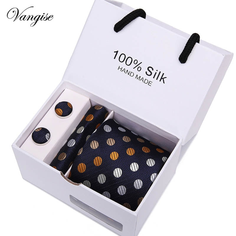 New Design Tie Set With Gift Box Jacquard Woven gravata Silk Tie Hanky Cufflinks Necktie Sets For Wedding Party Men