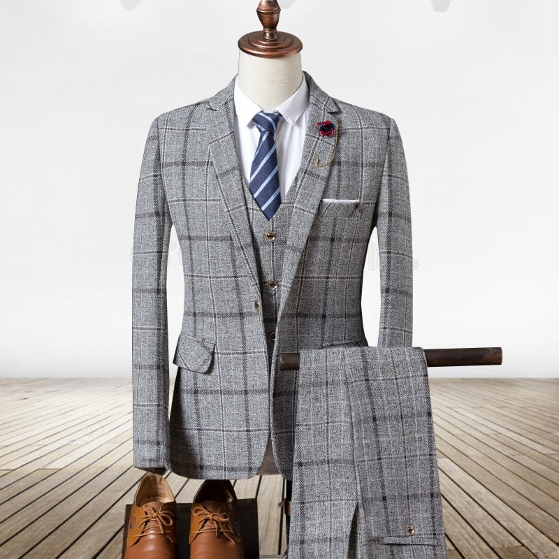 (Jacke + Weste + Hose) 2019 Slim Suit für Herren, High-End-Business-Plaid-Anzugjacke, Herren-Hochzeitsbankettkleid dreiteilig