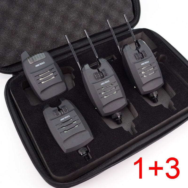 1+4 Karpfenangeln-Alarm-Set Sounds und LED-Alarmierung, kabelloser Fischen-Bissanzeiger, elektronisch mit Snag Ear Bar B1228