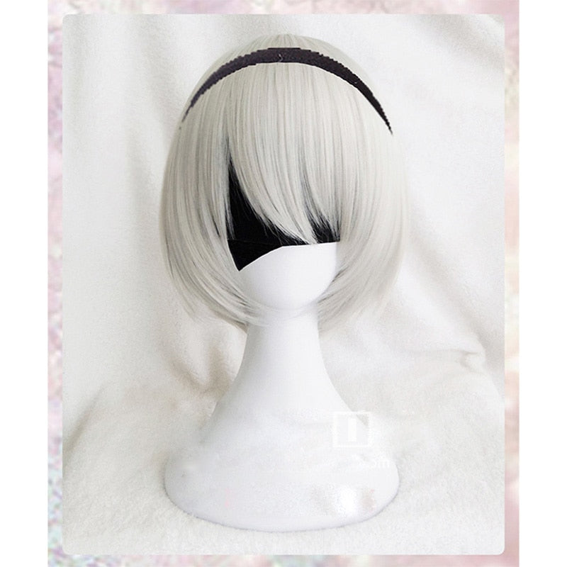 High Quality YoRHa No.2 Type B 2BYoRH 2A 9S 2B Cosplay Wig NieR:Automata Costume Play Wigs + Wig Cap + Headband + Eyepatch