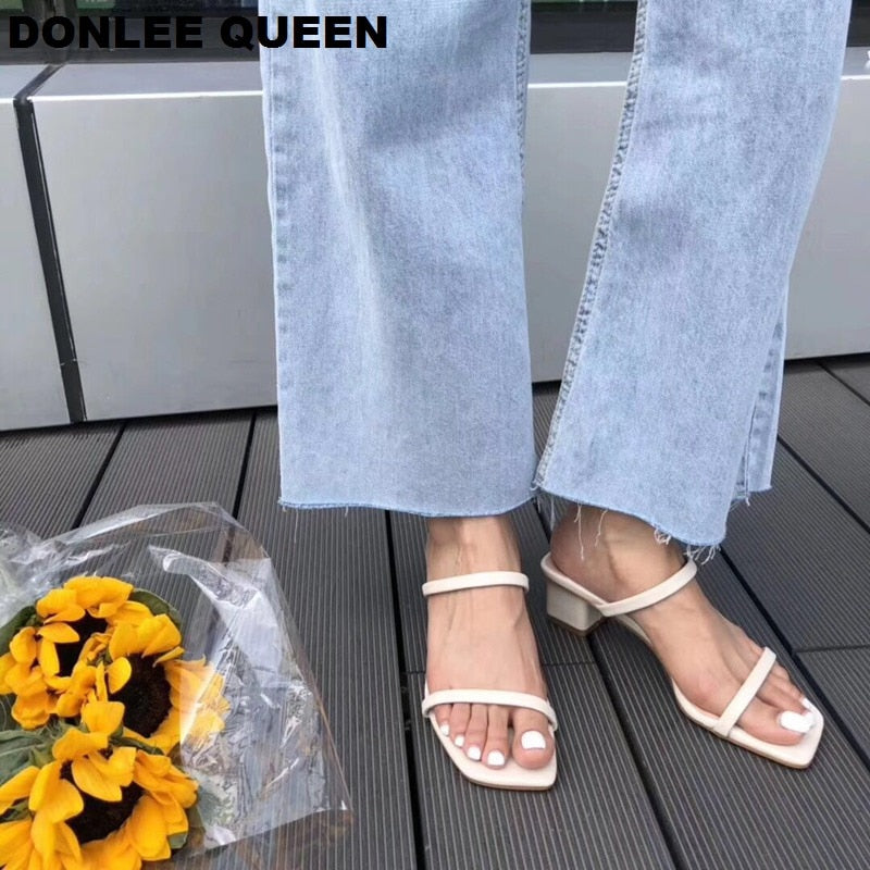 2022 New Summer Slippers Low Heels Slides Female Peep Toe Square Heel Slipper Brand Sandals Women Slipper Big Size 41 Flip Flops