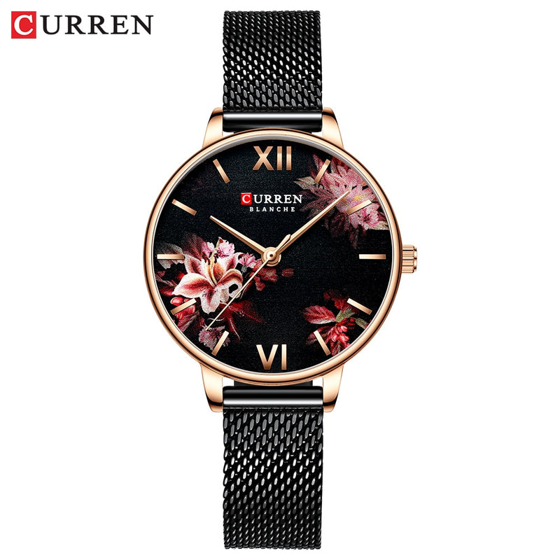 Relojes de mujer CURREN, reloj negro, reloj de pulsera de cuarzo de malla de acero inoxidable, reloj informal con encanto para mujer, relojes femeninos