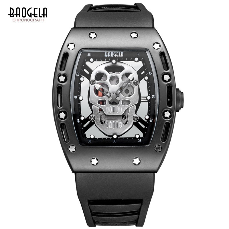 Baogela Fashion Mens Skeleton Skull Luminous Quartz Watches Military Style Black Silicone Rectangle Dial Wristwatch for Man1612