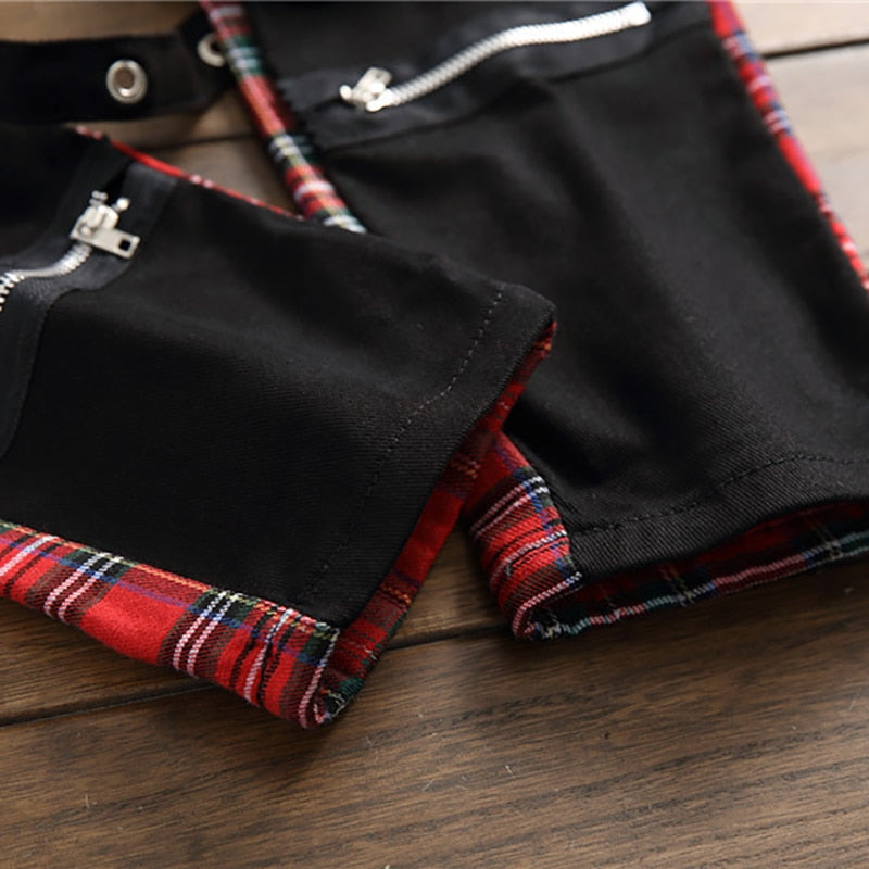 Sokotoo Herren Scotland Plaid Tartan Patchwork Cross Slim Straight Jeans Trendige Bandage-Denim-Hose Hose
