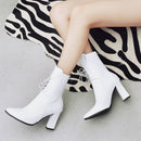 New Women Boots Leather Ankle Boots Fashion Lace Up Square High Heels Boots Autumn Winter Plus Size Shoes 2019