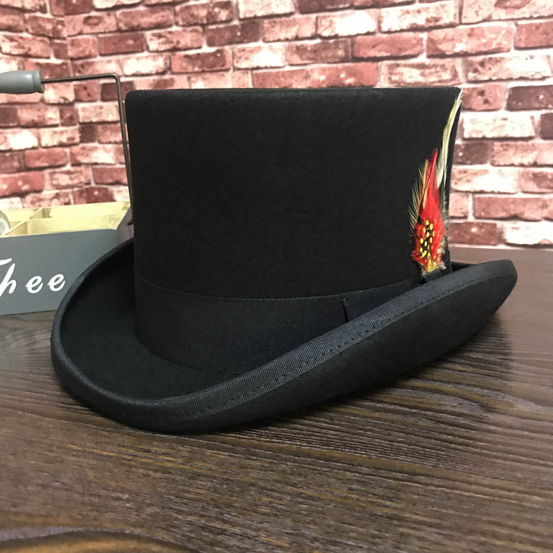 Black Men Woolen Fedora Hat Flat Mad Hatter Top Hat Traditional President Party Hat Steampunk Magic Hat with feather