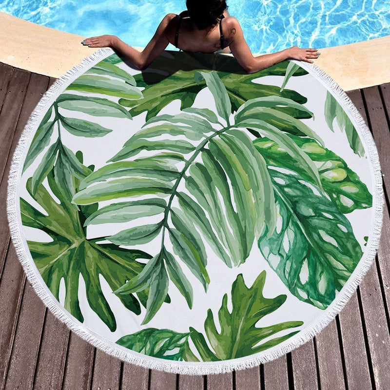 Hojas verdes Verano Toalla de playa redonda Microfibra con cordón Mochila Bolsa Toallas de baño Estera Bikini Cubrir con borlas Suave