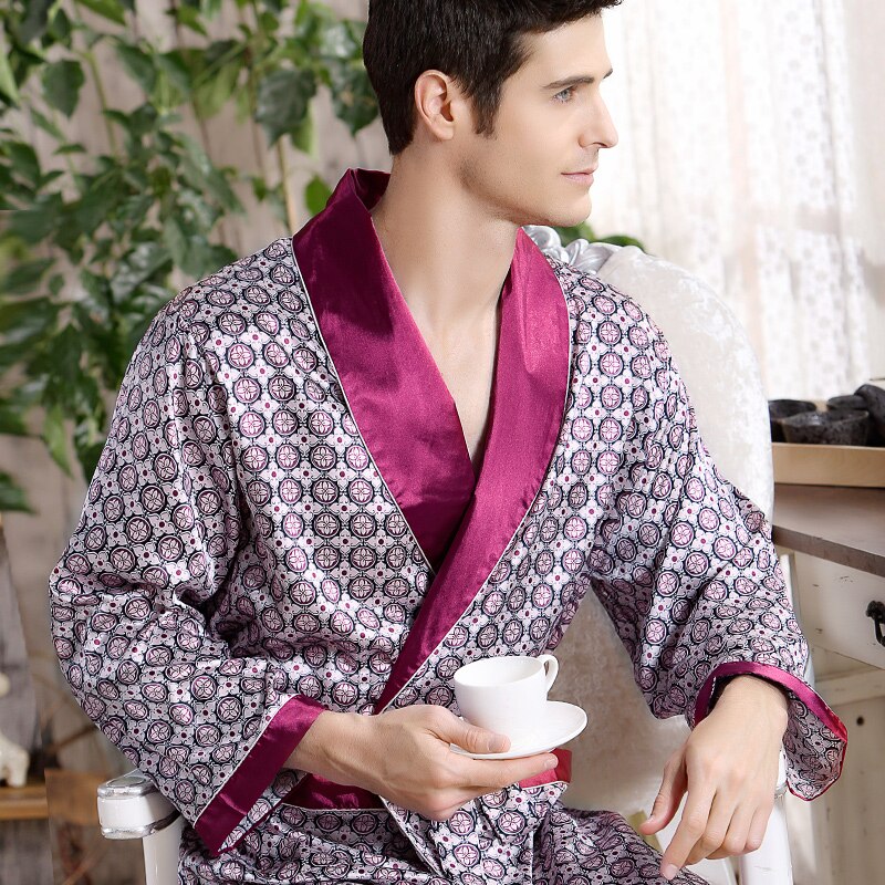 Thoshine Brand Spring Autumn Men Satin Silk Robe Turn Down Collar Pattern Print Superior Quality Male Summer Bathrobe Pijamas