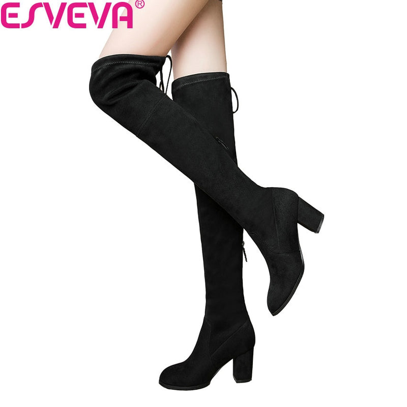 ESVEVA 2020, botas por encima de la rodilla, botas cálidas de punta redonda para invierno para mujer, botas cortas de felpa + tela elástica, botas de moda de talla grande 34-43