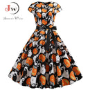 Pumpkin Print Halloween Women 2022 Summer O Neck Short Sleeve Party Robe Femme Elegant Vintage Dresses