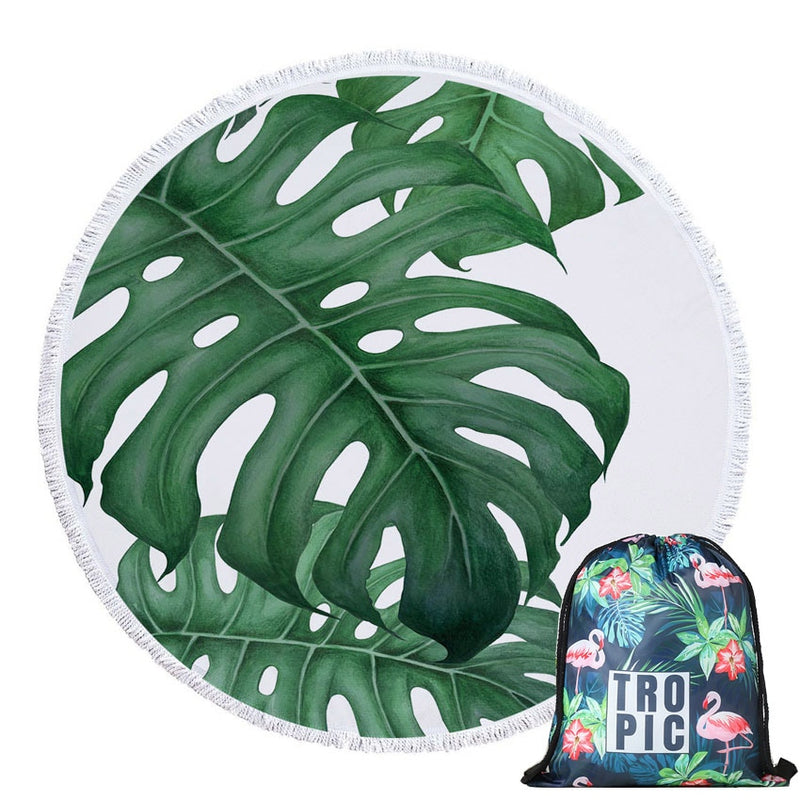 Green Leaves Summer Round Beach Towel Microfiber with Drawstring Backpack Bag Bath Towels Mat Bikini Cover Up With Tassels Soft