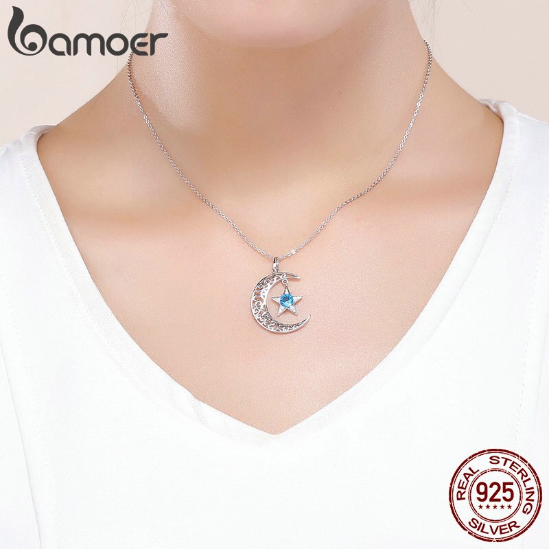 BAMOER Romantic 925 Sterling Silber Funkelnder Mond und Stern Halsketten Anhänger für Frauen Mode Halskette Schmuck Geschenk SCN278