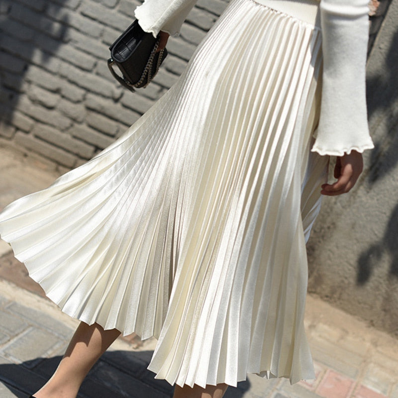 Fanco Autumn Women Long Fashion Brand A-Line Pleated Skirts Female  High Waist Midi Solid Color