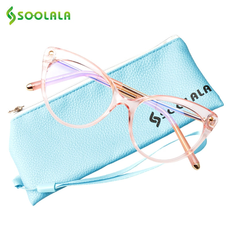 SOOLALA Anti Blue Ray Glasses Computer Glasses TR90 Cat Eye Blue Light Blocking Women Semi-Rimless Anti Fatigue Goggles Glasses