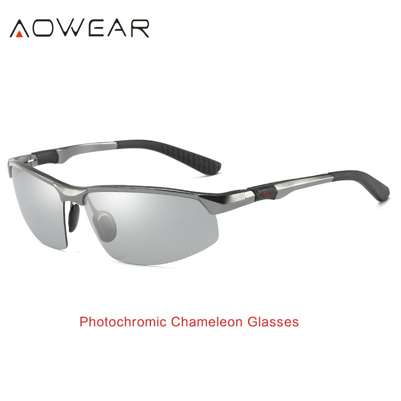 AOWEAR Photochromic Sunglasses Men Polarized Day Night Driving Glasses High Quality Aluminium Rimless Chameleon Eyewear Gafas