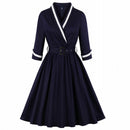 Big Size 4XL 3XL Autumn Women Retro Dress 50s 60s Vintage Rockabilly Swing Feminino Vestidos V Neck 3/4 Sleeves Midi Dresses