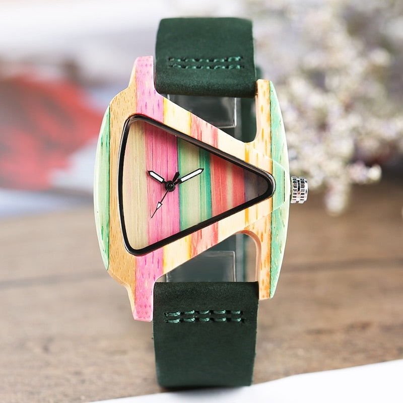 Unique Colorful Wood Watch Creative Triangle Shape Dial Hour Clock Women Quartz Leather Bracelet Watch Women&