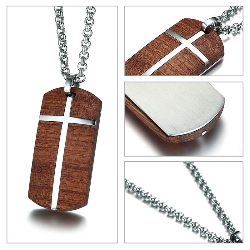 Vnox Vintage Rosewood Men Pendant Necklace Real Wood Wooden Stainless Steel Cross Office Jewelry drop shipping