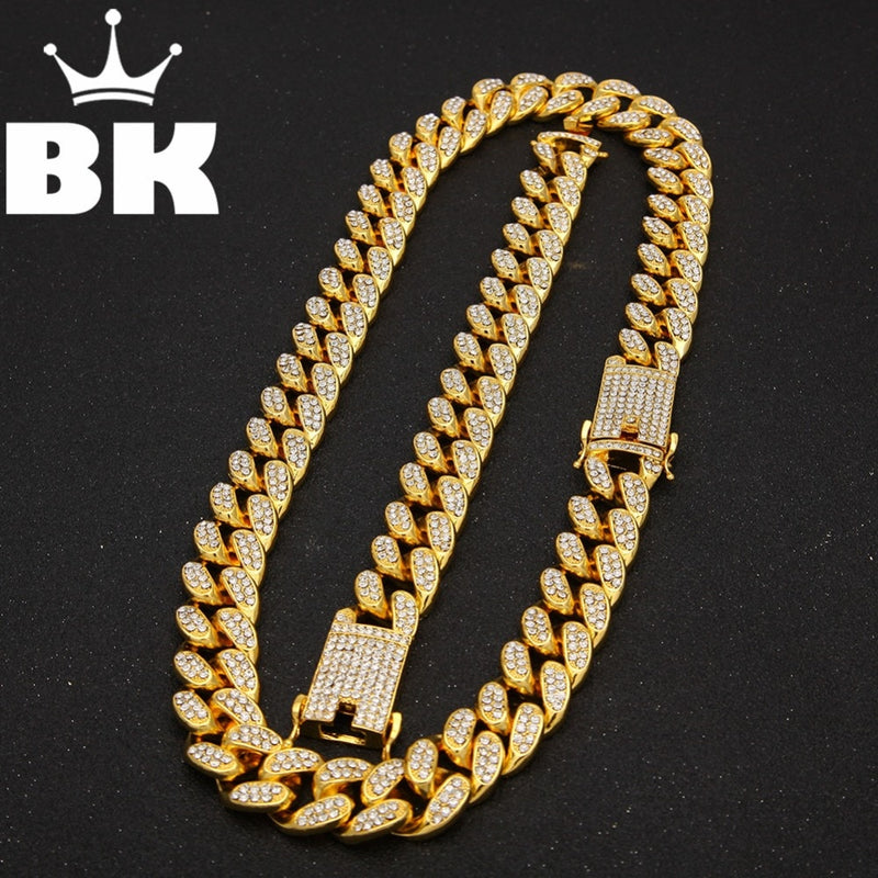 2cm HipHop Gold Color Iced Out Crystal Miami Cuban Chain Gold silver color  Necklace &amp; Bracelet Set  HOT SELLING THE HIPHOP KING