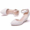 Crystal Queen Wedges Heel Woman Wedding Shoes Bride White Lace UP Sweet Bridesmaid Bridal Pumps Platform