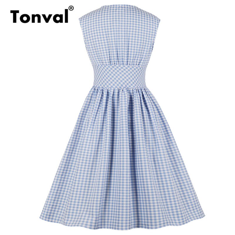 Tonval Gingham Print Single Breasted Blue Summer Dress High Waist Vintage Women Clothes Tunic Pleated Plaid Casual Dresses