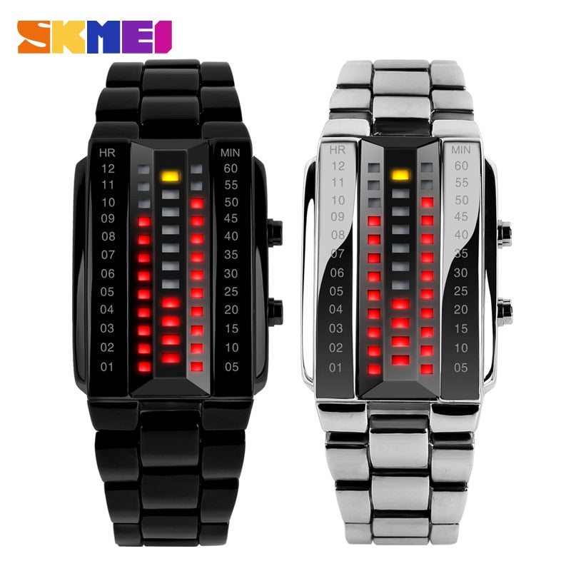 Luxury Men's Wristwatch Waterproof Men Fashion Stainless Steel Red Binary Luminous LED Electronic Display Sport Watches SKMEI