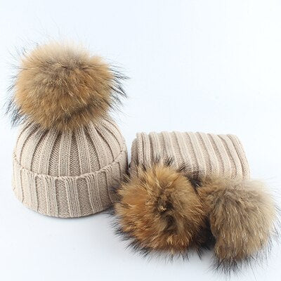 Children Real Fur Pompom Beanie Warm Knitted Hat and Scarf Set Boys Girls Winter Baby Cap