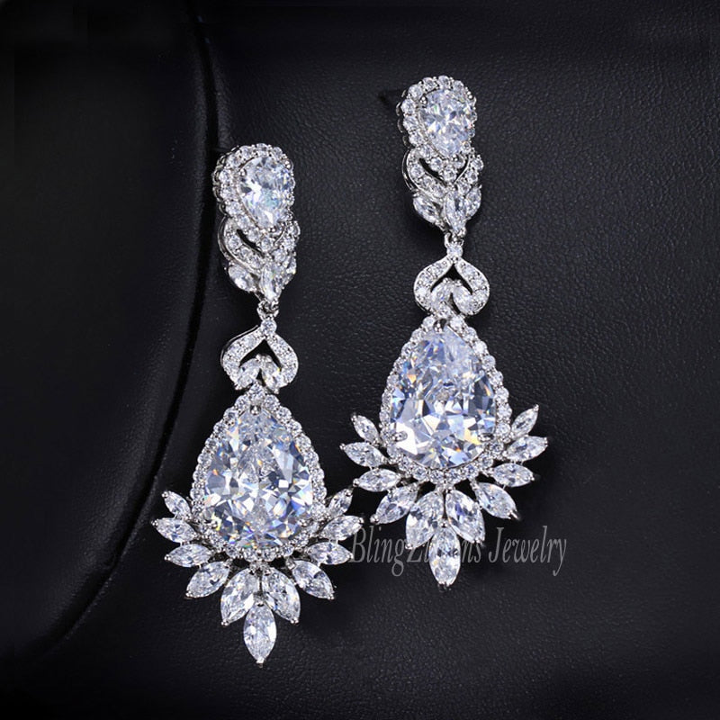 BeaQueen Luxury Royal Blue Water Drop CZ Crystal Women Wedding Jewelry Long Bridal Earrings with Clear Cubic Zirconia E081