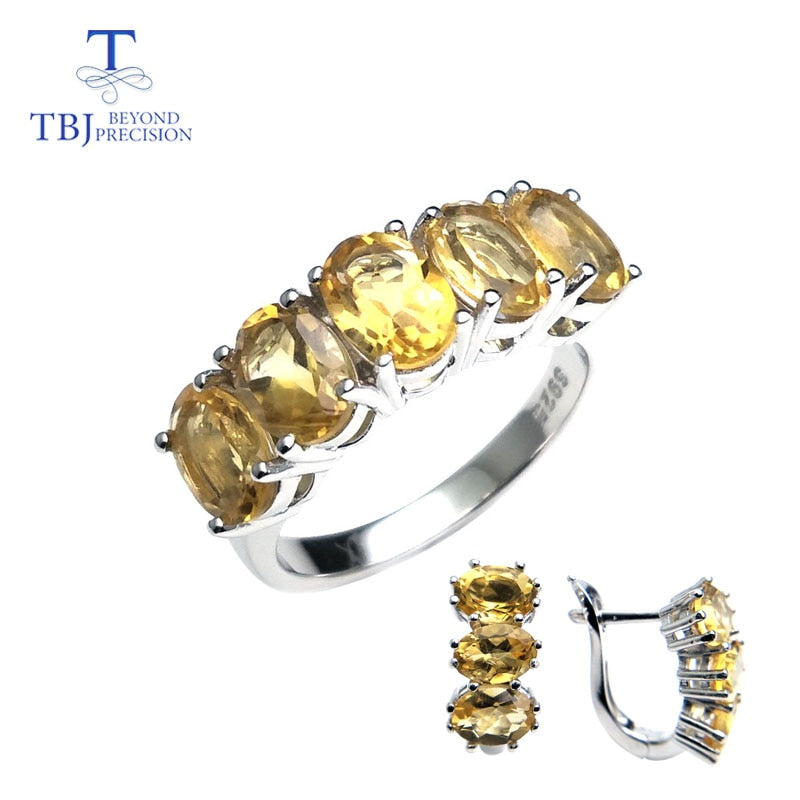 TBJ, conjunto de joyas de piedra citrina natural, anillo y arete en plata de ley 925, joyería fina para mujeres, uso diario, regalo de San Valentín