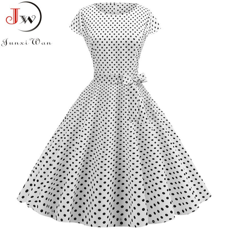 Women Summer Dresses Robe Vintage 1950s 60s Pin Up Big Swing Party Work Wear Rockabilly Dress White Polka Dot Vestidos