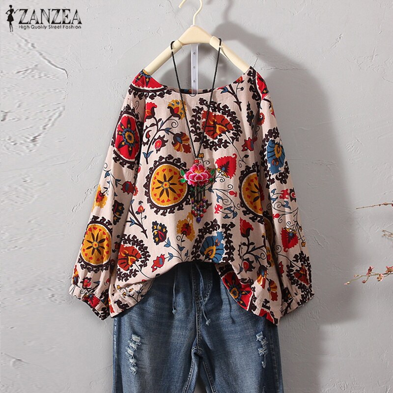 ZANZEA 2022 Autumn Women Casual Long Sleeve Vintage Floral Printed Blouse Loose Retro Shirt Cotton Linen Top Party Work Blusas