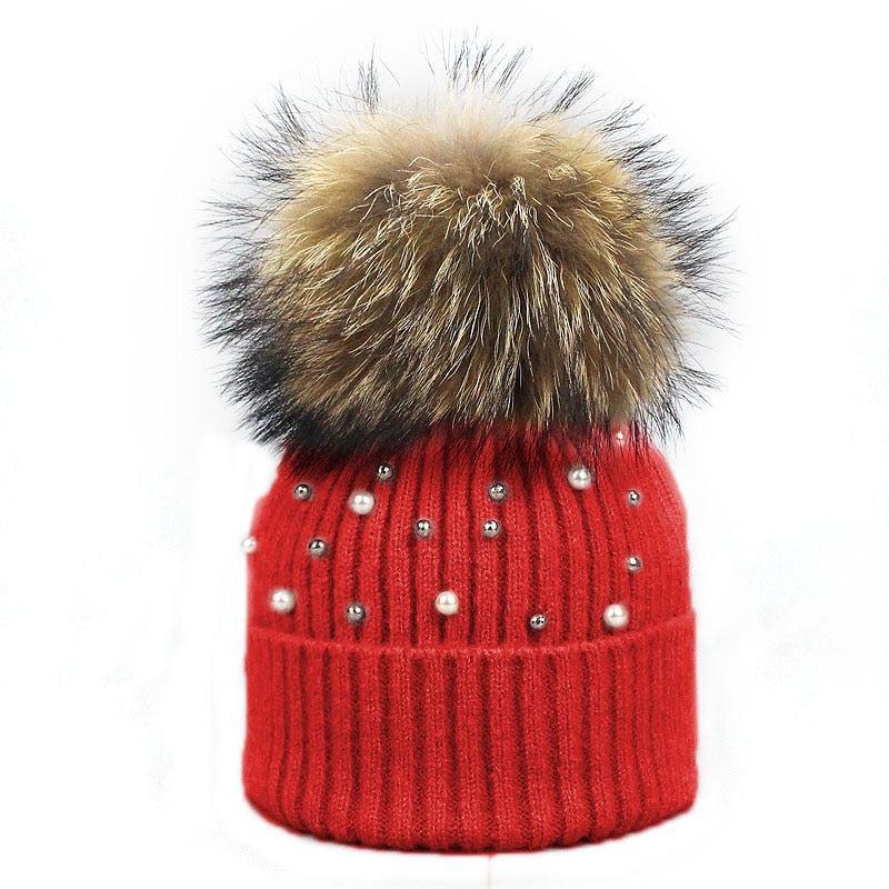 New Wool Beanies Women Real Natural Fur Pom Poms Fashion Pearl Knitted Hat Girls Female Beanie Cap Pompom Winter Hats for Women