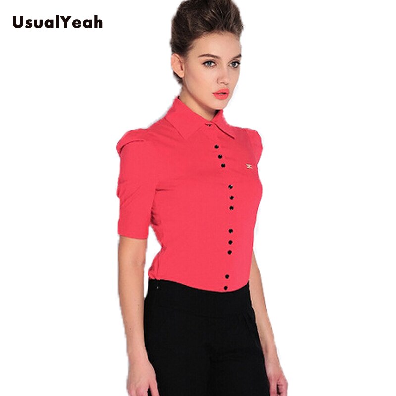 Nueva moda elegante de manga larga de algodón OL Body Shirt Office Ladies Bodysuit diseño de botón azul oscuro blanco rojo S-3XL de talla grande