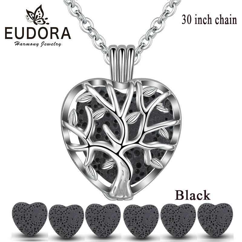 Eudora 20mm Lava Necklace Pendant Heart Volcanic Stone Tree of life Cage Pendant Necklace For DIY Essential Oil Perfume KFC10N20