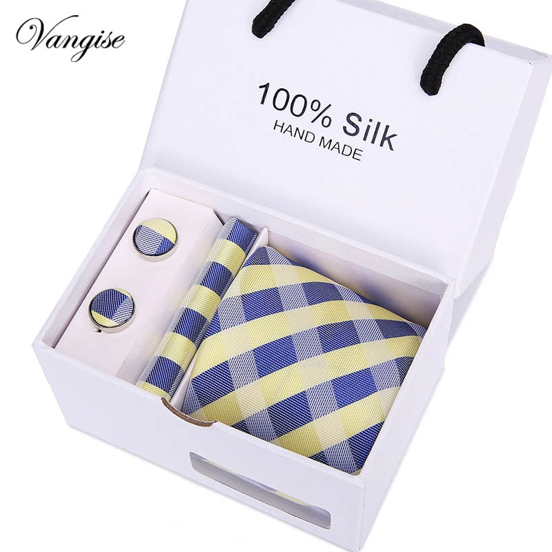 New Design Tie Set With Gift Box Jacquard Woven gravata Silk Tie Hanky Cufflinks Necktie Sets For Wedding Party Men