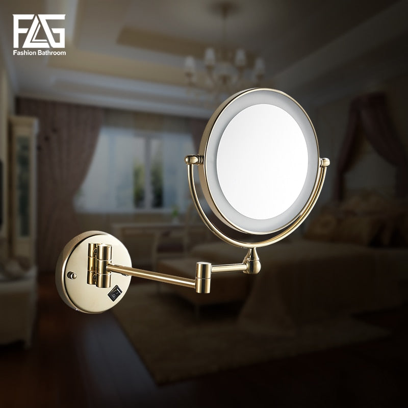 Goldener LED-Licht-Schminkspiegel aus Messing, 8 Zoll, rund, doppelseitig, 3 x / 1 x Spiegel, Badezimmer-Kosmetikspiegel, Wandhalterung, Vergrößerungsspiegel