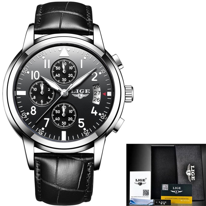 LIGE, relojes para hombre, marca superior, reloj de cuarzo de negocios a la moda de lujo, reloj deportivo para hombre, reloj negro resistente al agua de acero, erkek kol saati + caja