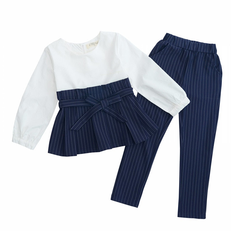 2022 Autumn Spring School Kids Striped Outfits Top Shirts &amp; Pants Suits Girl Clothing Sets Patchwork Teen Clothes For Girls Set