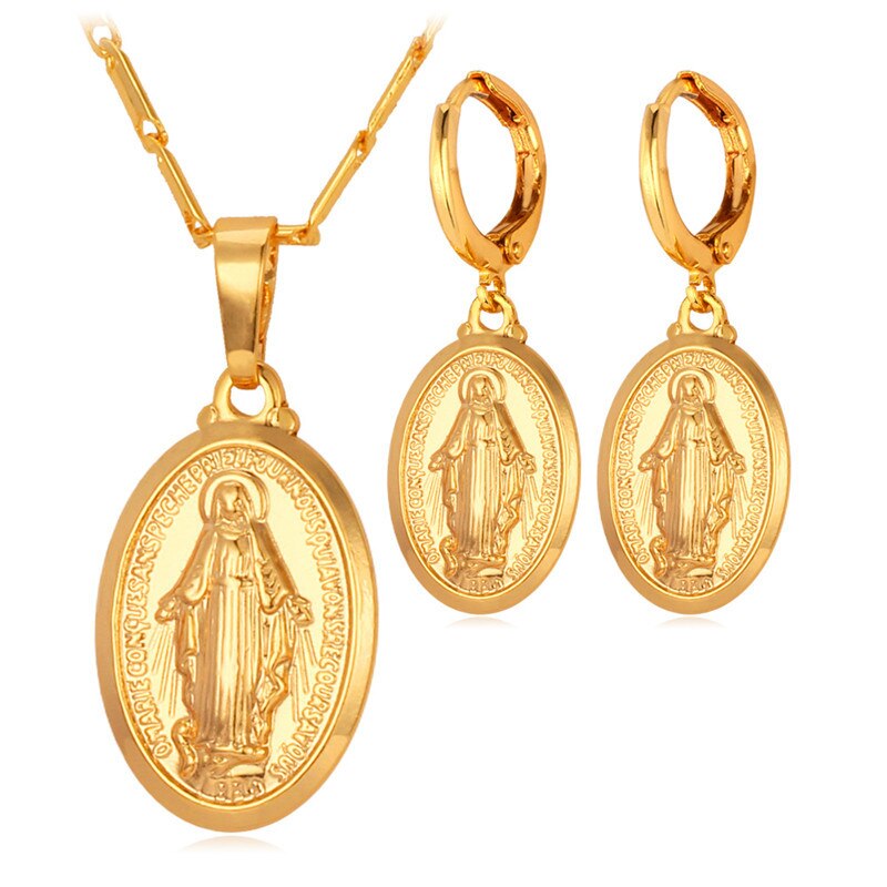 U7 Virgin Mary Jewelry Set Women Bride Wedding Platinum/Rose Gold / Gold Miraculous Medal Necklace &amp; Earrings Sets  S619