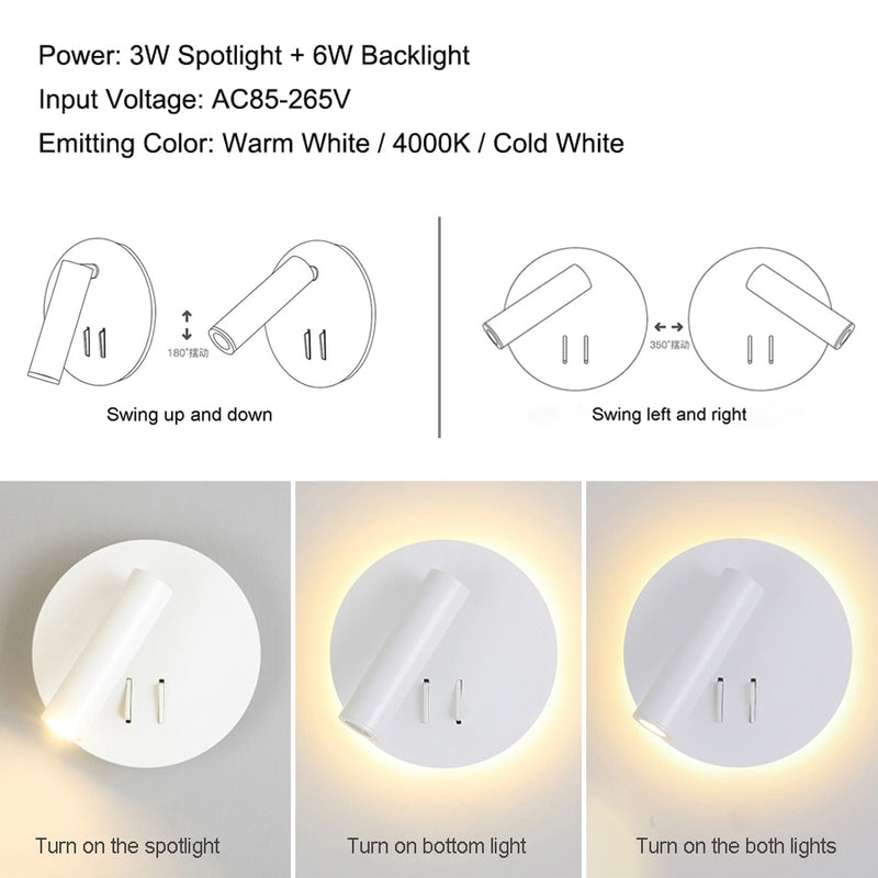 Nordic LED Wall Lamp with switch 3W spotligh 6W backlight free rotation Sconce indoor wall light For Home Bedroom Bedside light