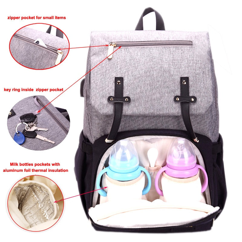 New Mummy Diaper Bag Baby Stroller Backpack USB Charging Waterproof Oxford Women Handbag Maternity Nursing Nappy Travel Knapsack